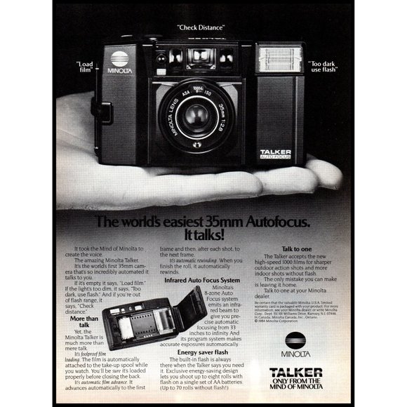 1984 Minolta Talker Auto Focus Film Camera Vintage Print Ad Photography Wall Art - Picture 1 of 1
